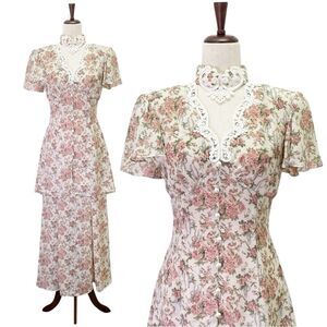 Scott McClintock Floral Maxi Dress Size 4 Lace Trim Cottagecore Pink Vintage 80s